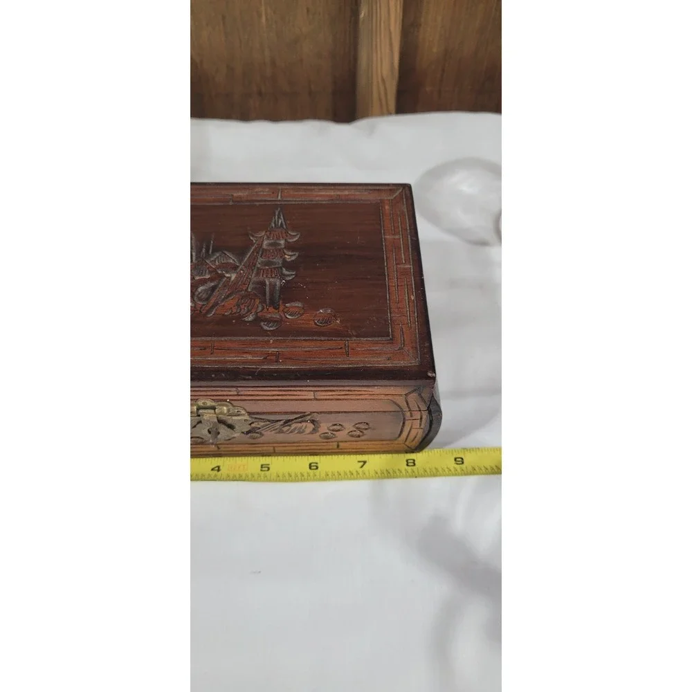 Vintage 1960's Wooden jewelry box with carved Asian Motifs